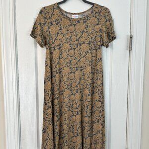 PRE-OWNED Lularoe Paisley Floral Yellow Blue Gray CARLY DRESS Women XXS RETIRED